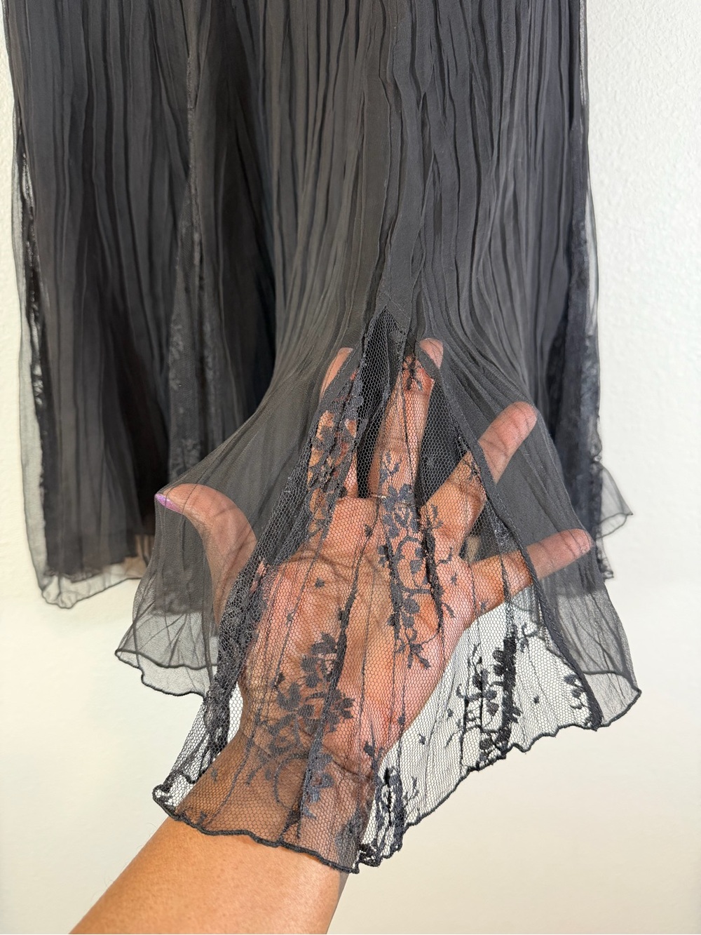 Komarov Black Midi Skirt Size S Pleated Lace Panel Dark Romance Goth Feminine - Picture 3 of 7